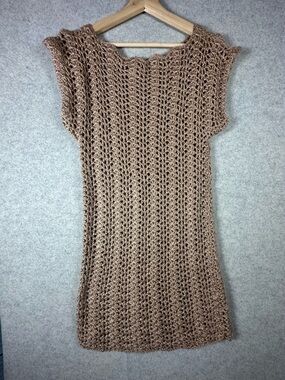Boho Handmade Crochet Short sleeve Sweater Dress Tan Handmade small medium